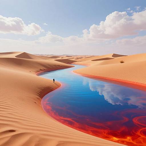 Photograph of a surreal desert landscape with a winding, reflective blue and red waterway cutting through orange sand dunes under a bright blue sky with fluffy