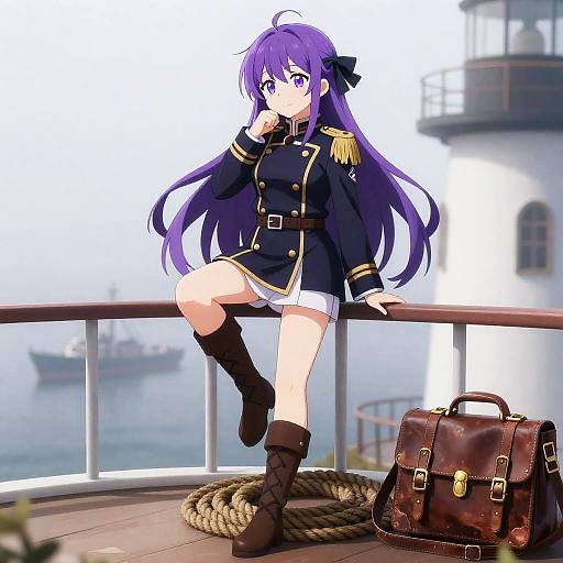 Anime Admiral in Naval Uniform on Lighthouse Balcony