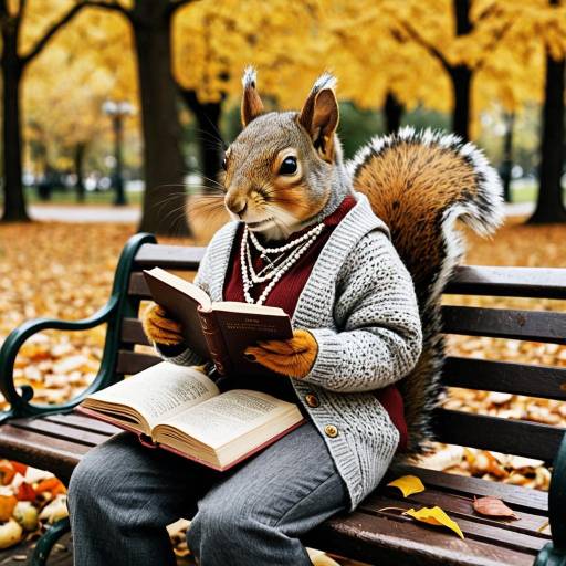 Charming Squirrel Reading in Autumn Park