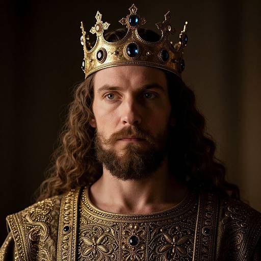 Photograph of a bearded man with long brown hair, wearing an ornate gold crown and elaborate embroidered robe, illuminated against a dark background.
