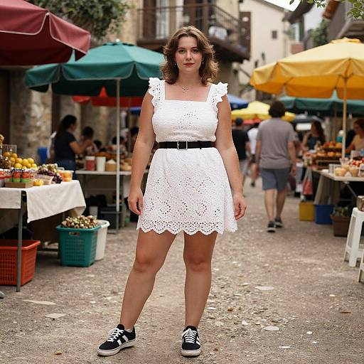 Photograph of a curly-haired woman in a white, sleeveless, lace dress and black sneakers, standing confidently in a vibrant outdoor market with colorful umb
