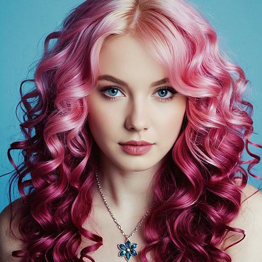 Woman with Pink Curly Hair and Blue Eyes