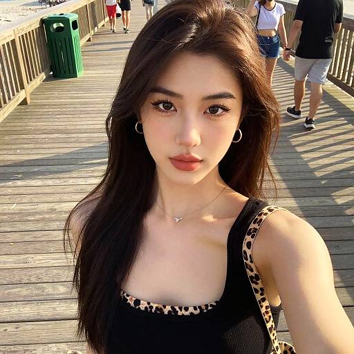 Photograph of an Asian woman with long black hair, wearing a black tank top with leopard print trim, hoop earrings, and a heart necklace, taking