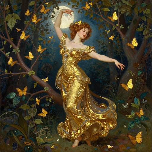Moonlit Woman in Gold Evening Gown