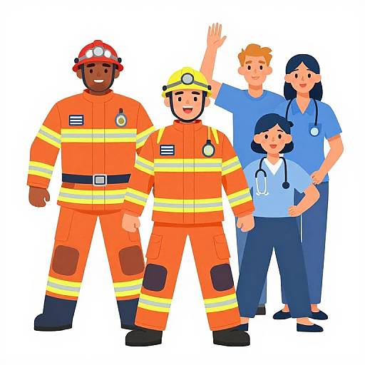 Cartoon-style illustration of five diverse emergency responders: two firefighters in orange, one male with dark skin, one male with blond hair, one female nurse