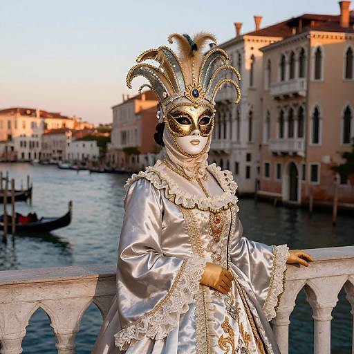 Photograph of a Venetian masquerade ball attendee in an ornate silver and gold mask with feathered headdress, silver satin gown,