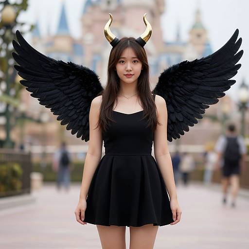 Photograph of an Asian woman with long black hair, wearing a black dress, black feathered wings, and gold horn headpiece, standing in a