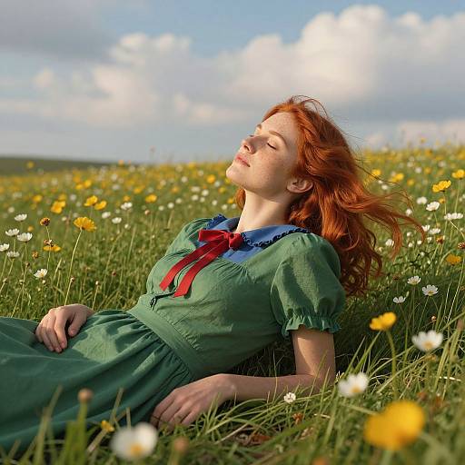 Tranquil Woman in Sunlit Wildflower Field