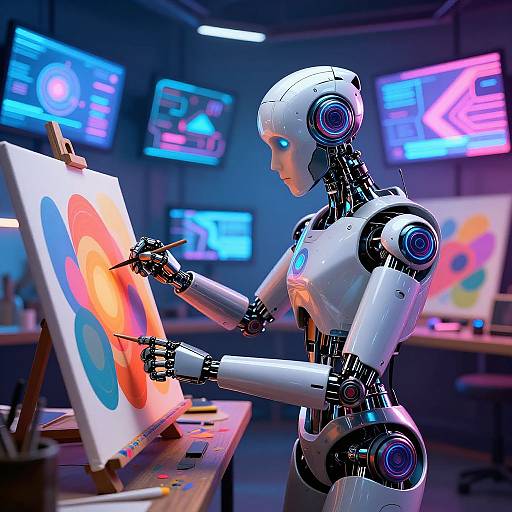 Futuristic Robotic Artist in Cyberpunk Studio