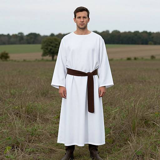 Photograph of a man with short dark hair, wearing a white martial arts gi with a brown belt, standing in a grassy field with a tree