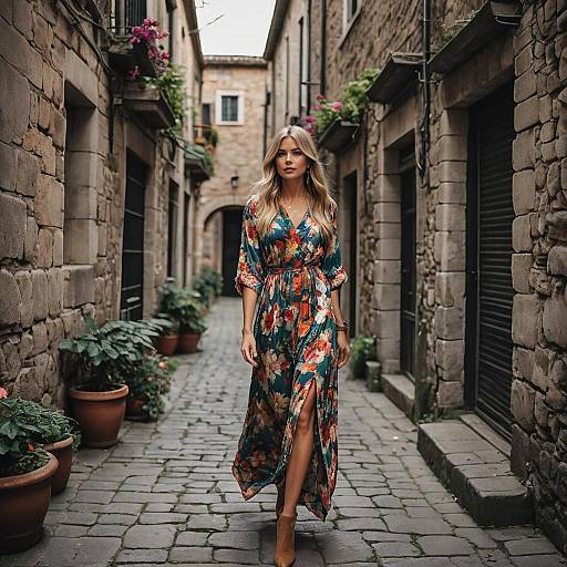 Woman in Floral Dress Walking on Stone Alleyway