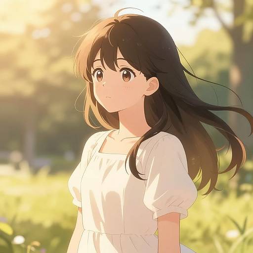 Digital anime-style drawing of a young girl with long black hair, brown eyes, wearing a white dress, standing in a sunlit, blurry green me