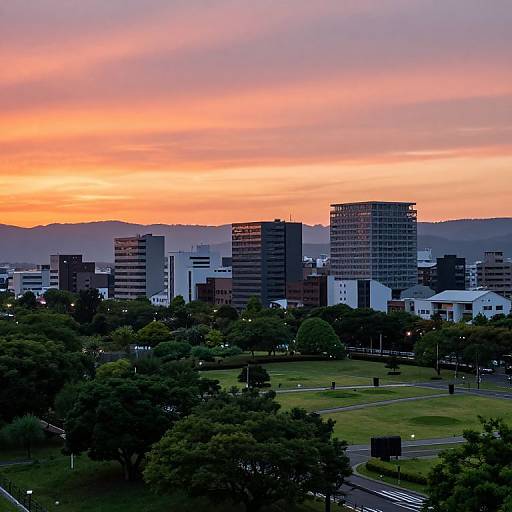 Photograph of a cityscape at sunset, featuring tall buildings silhouetted against a vibrant orange and pink sky, with green trees and a grass