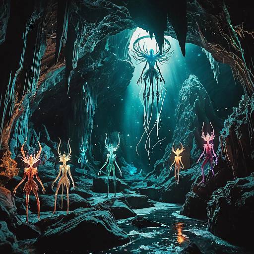 Luminous Haloed Creatures in Glowing Caves