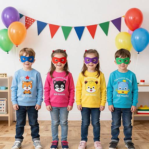 Photograph of four children wearing colorful masks and matching shirts, standing in a bright room with bunting, balloons, and toys.