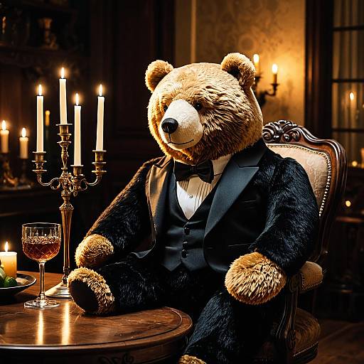 Tuxedo Plush Bear at Antique Table