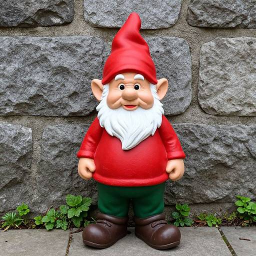 Colorful Garden Gnome by Stone Wall