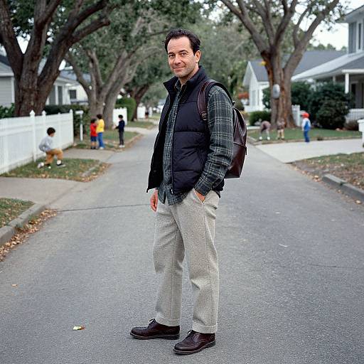 Man in Green Flannel on Tree-Lined Street