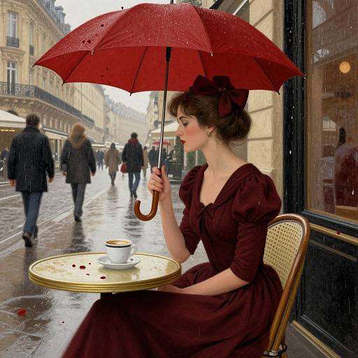 Photograph of a woman in a dark maroon dress and large bow, holding a red umbrella, sitting at a café table on a rainy Parisian