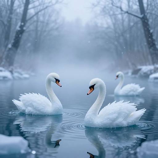 Photograph of two elegant white swans facing each other in a serene, misty, snow-covered forest pond, with a third swan in the