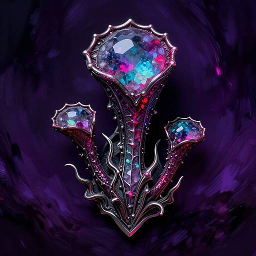Digital artwork of a futuristic, gemstone-encrusted, three-pronged crystal pendant with vibrant blues, pinks, and purples on