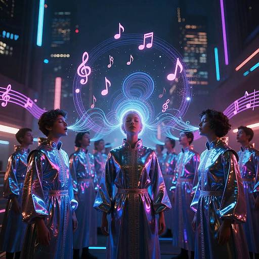Photograph of a futuristic choir in shiny silver robes, illuminated by neon blue and purple lights, with musical notes floating above their heads in a cityscape