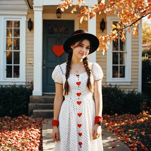 Young Woman in Heart-Decorated Dress in Autumn