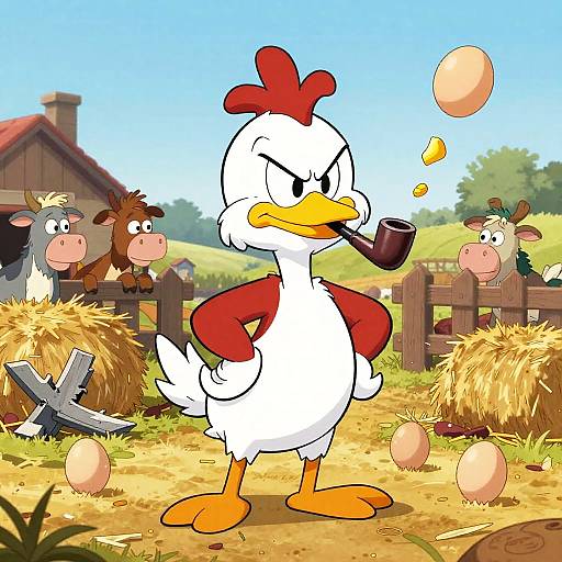 Cartoon duck with red comb, smoking pipe, standing confidently on farm with hay bales, eggs, and curious cows in the background. Bright,