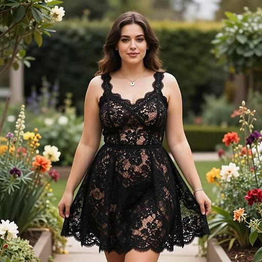 Curvy Woman in Chic Black Lace Dress