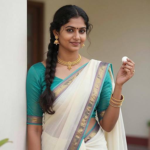 Indian Woman in Traditional Sari Holding White Object