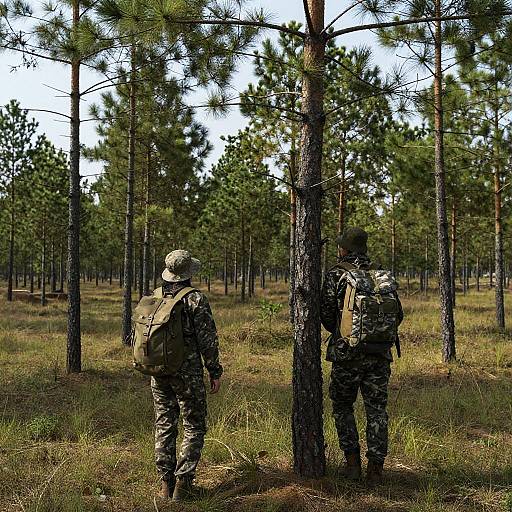 Camouflaged Explorers in Pine Forest