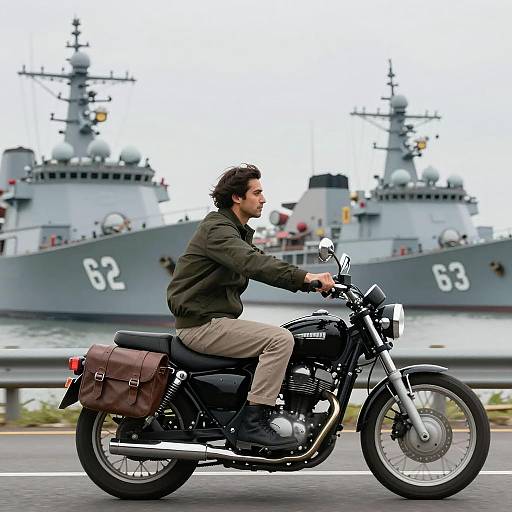 Man Riding Motorcycle with Military Ships