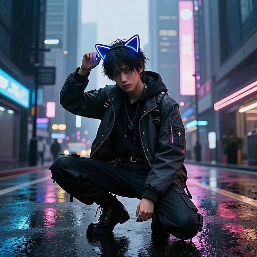 Young man with neon cat ears in cyberpunk city
