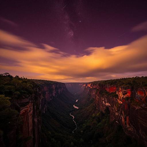 Photograph of a dramatic canyon at sunset, featuring a winding river, purple and orange sky, and towering cliffs with dense greenery.