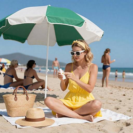 Woman Applying Sunscreen on Beach
