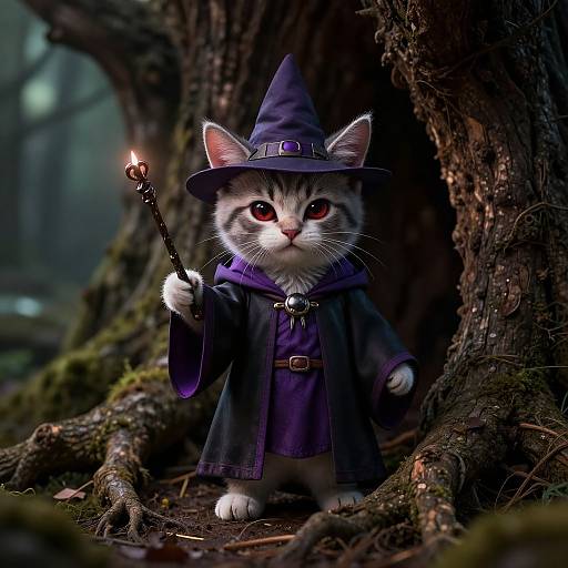 Digital artwork of a cute, gray tabby kitten in a purple wizard hat and cloak, holding a glowing wand, standing in a dark, mossy