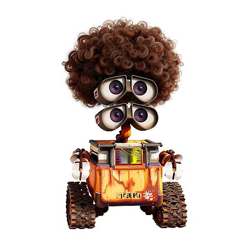 Digital illustration of a cute, cartoonish robot with large purple eyes, a curly afro, and an orange body, standing on rugged tires. White