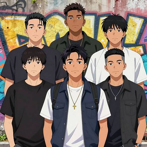 Digital anime-style group portrait of five young men with short black hair, wearing casual clothes, standing in front of colorful graffiti background.