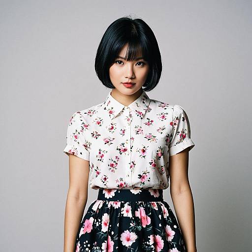 Woman in Floral Shirt and Skirt