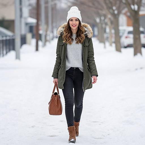 Photograph of a smiling woman with long brown hair, wearing a white knit hat, green parka with fur hood, white sweater, black jeans,