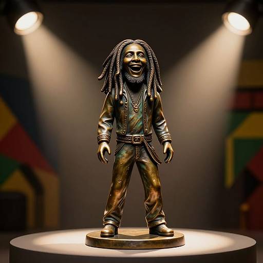Photograph of a bronze statue of a smiling African-American child with dreadlocks, wearing a jacket, pants, and boots, spotlighted on a pedestal
