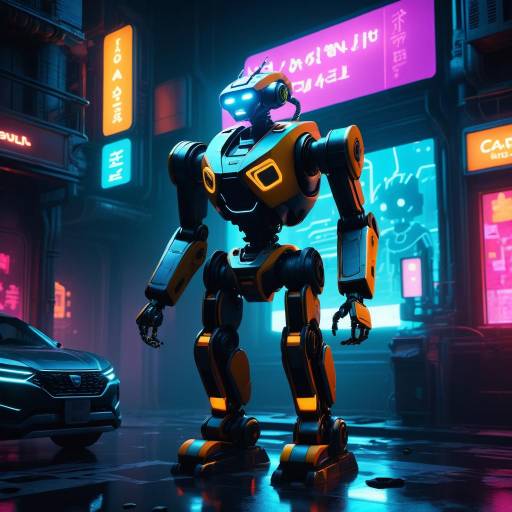 Neon Robotic Explorer in Polluted Cityscape Neon Robotic Explorer in Polluted Cityscape