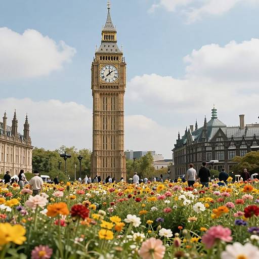 Photograph of London's Big Ben clock tower surrounded by vibrant flower garden, with people walking and historic buildings in the background.