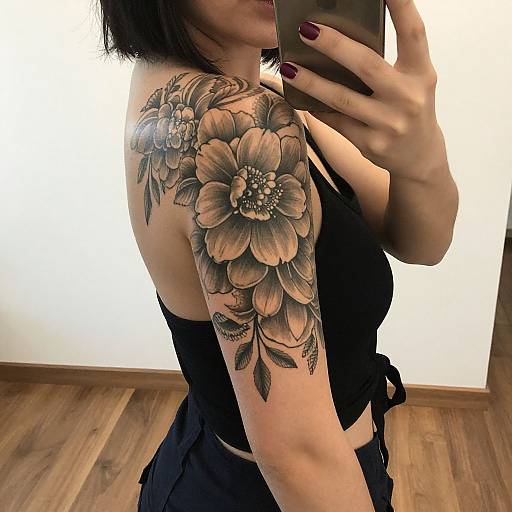 Photograph of a woman with black shoulder-length hair, taking a mirror selfie, showcasing a detailed black and grey floral tattoo on her right arm, wearing