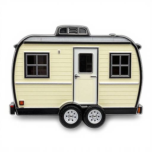Digital illustration of a beige and black travel trailer with two wheels, one door, and two black-framed windows.