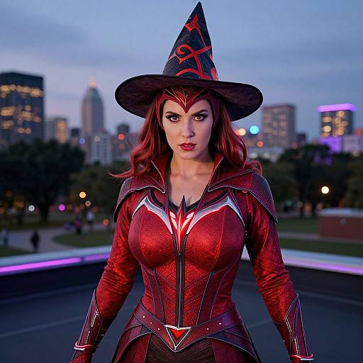 Photograph of a red-haired woman in a red, form-fitting, armored witch costume with a pointed hat, standing in an urban park at dusk