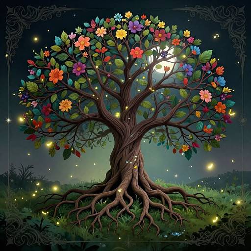 Mystical Tree of Life with Fireflies
