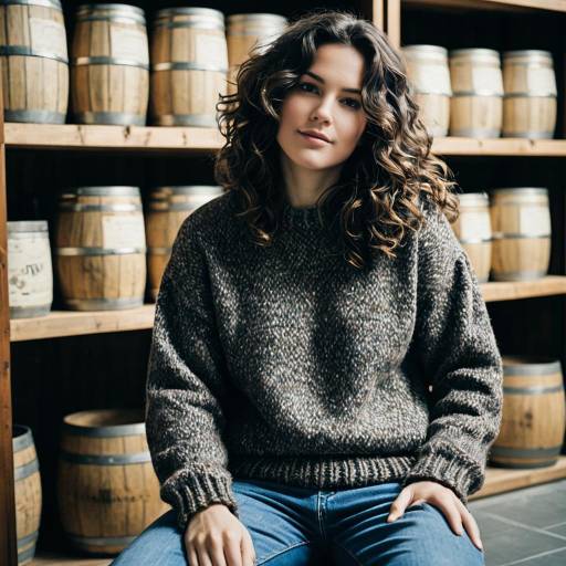 Young Woman in Cozy Wool Sweater Sitting by Barrels