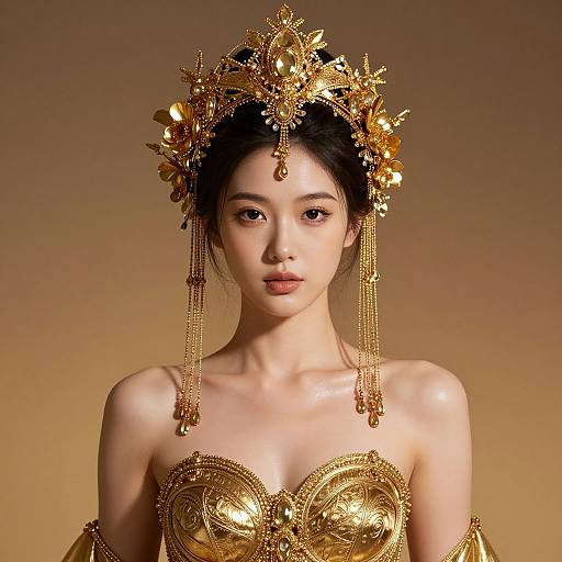 Photograph of an Asian woman with fair skin, black hair in an updo, wearing an elaborate gold headpiece and ornate, strapless gold