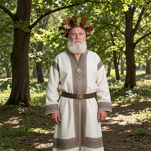 Wise Slavic Elder in Spring Forest